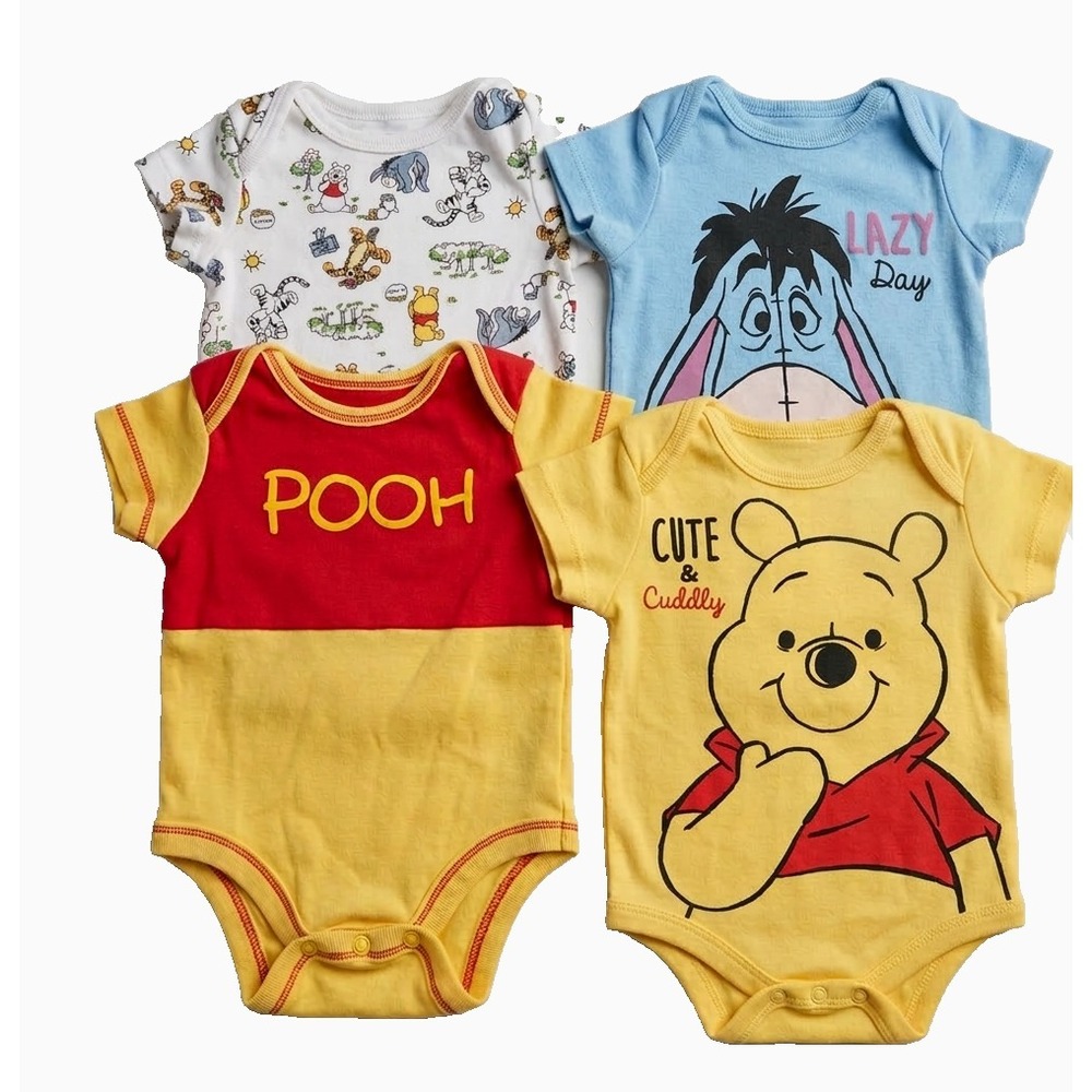 Disney Baby Winnie the Pooh Eeyore Bodysuits 4 Pack NB Yellow Blue